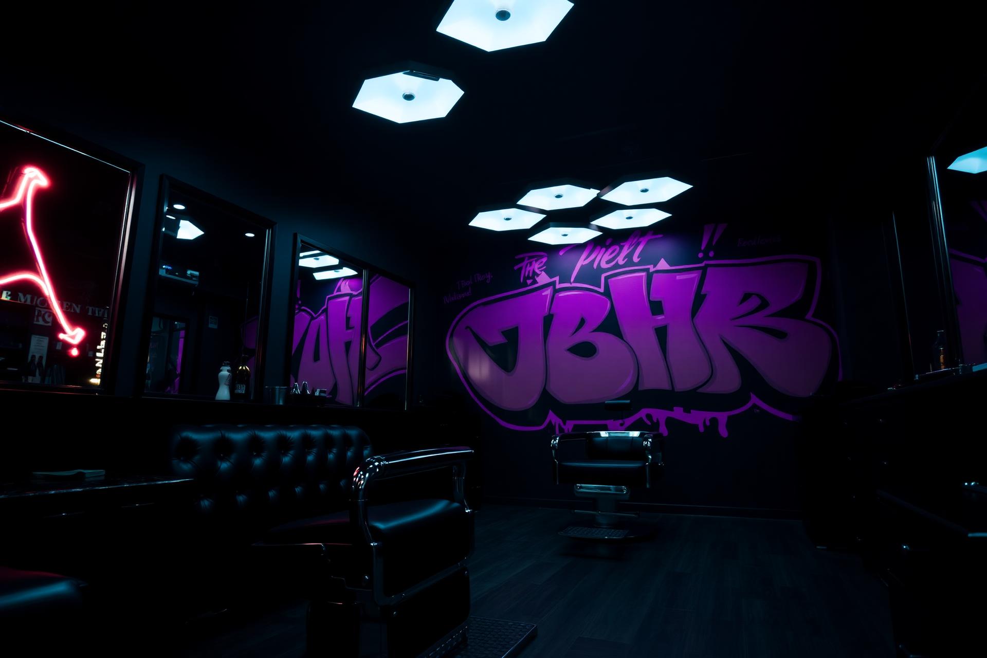 Dark interior of Barber Parlour Padstow with graffiti wall